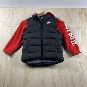 Nike Puffer Jacket Boys 6 Med Black Red Hooded Just Do It Full Zip Winter